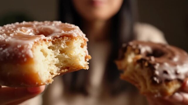 Woman savoring sweet donuts, close-up shot of the delicious treat with bite marks