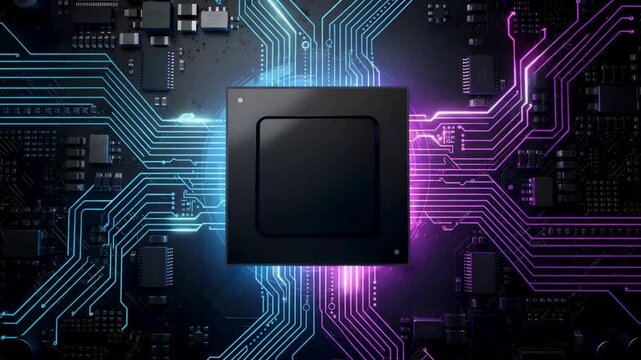Digital processor core animation video with colorful circuit connections, advanced semiconductor computing technology, high speed data flow and modern electronic background