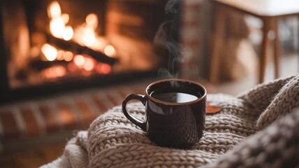 Cozy Morning: Steaming Coffee by Warm Fireplace, Knitted Blanket, Relaxing Indoor Scene