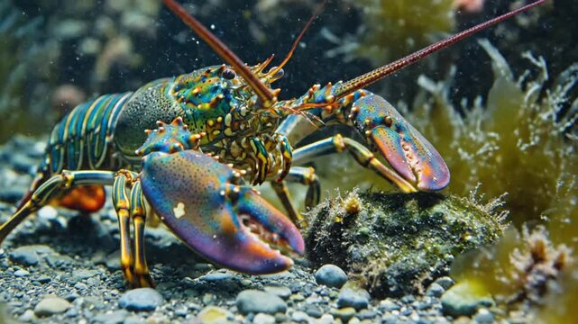 Colorful Lobster Undersea Closeup Showing Vibrant Hues and Texture in Aquatic Habitat