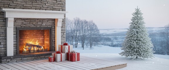 Cozy Winter Scene: Snowy Deck Fireplace with Christmas Tree and Gifts""