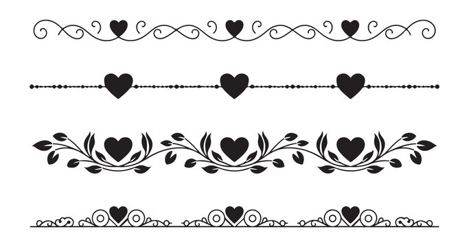 Heart dividers and decorative line borders set with romantic swirls and floral motifs for elegant page separators