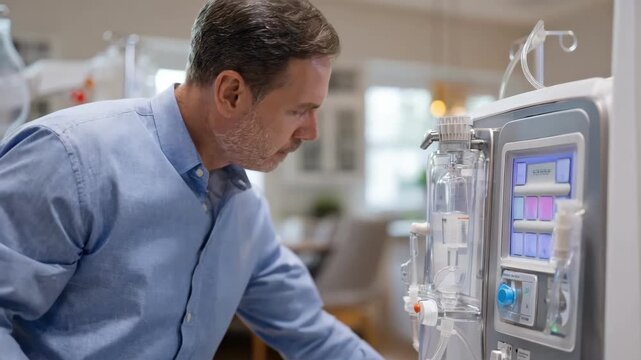 Patient adjusting settings on a sleek dialysis device at home illustrating userfriendly technology designed for safe automated selftreatment.