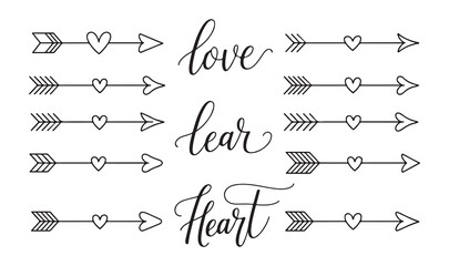 Monoline vector decorative cupid arrows with outline heart symbols and hand lettering typography elements isolated set