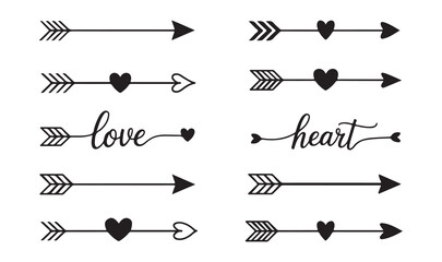 Bohemian style black and white vector set of cupid arrows hearts and elegant script love heart typography decorations © Moni