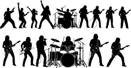 Comprehensive Collection of Rock Band Silhouettes Featuring Energetic Guitarists Bassists Singers and Drummers for Live Concert Music Performance Vector Illustration