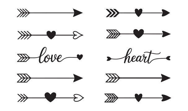 Bohemian style black and white vector set of cupid arrows hearts and elegant script love heart typography decorations