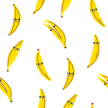 Cheerful banana seamless pattern for nursery decor and kids apparel. Banana characters for summer fabric, cute stationery, gift wrap, kids textiles, and organic food branding