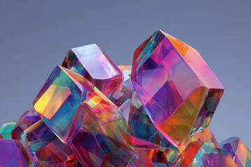 Abstract cluster of iridescent crystals with colorful facets and sharp edges