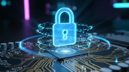 Digital security padlock glows above a microchip on a futuristic circuit board, symbolizing data protection and cybersecurity. - Powered by Adobe