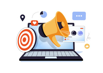 Digital marketing strategy with megaphone, audience targeting, content promotion, online advertising. Digital marketing