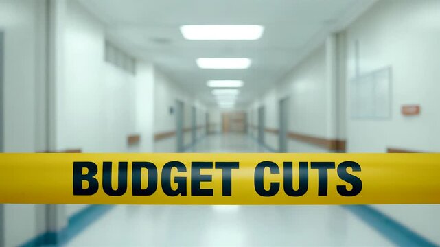 Yellow Caution Tape Stretched Across Empty Hospital Corridor with Budget Cuts Text Under Fluorescent Lights