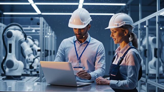 Engineers discuss laptop data near robot in factory. Man and woman analyze manufacturing automation. Engineers work with laptop in industrial plant with robot. Factory team reviews laptop data.