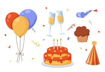 Festive party elements set, including balloons, confetti, poppers, candles, sweets and presents. Trendy modern vector