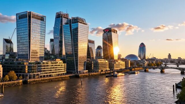 Scenic aerial view of London skyline buildings during golden hour sunset with the River Thames in foreground