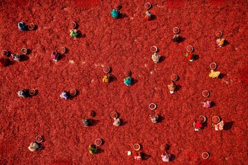 Bogura, Bangladesh - 19 December 2021: Aerial view of people scattered across a vibrant red expanse of drying chilies, creating a mesmerizing pattern of labor and color contrast.