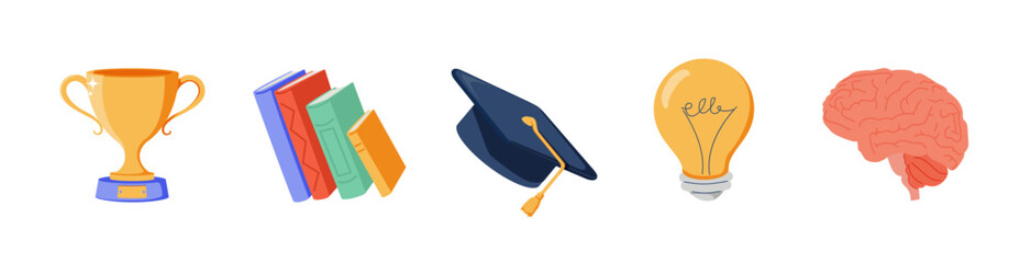 Education Icons Set Featuring Book, Trophy, Cap, Lightbulb, And Brain. Elearning online courses, Ideal For Knowledge