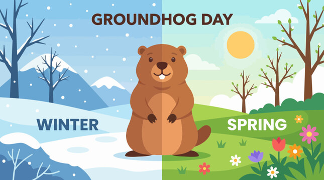 Groundhog day illustration with winter and spring elements