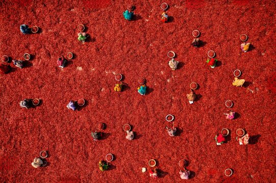 Bogura, Bangladesh - 19 December 2021: Aerial view of people scattered across a vibrant red expanse of drying chilies, creating a mesmerizing pattern of labor and color contrast.