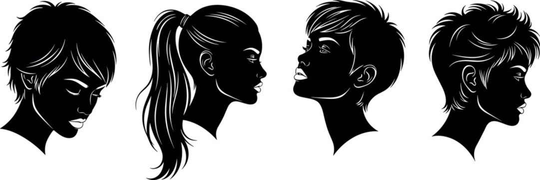 Set of Four Elegant Black Silhouette Vector Portraits of Women with Various Hairstyles Including Pixie Cut Ponytail and Short Bob