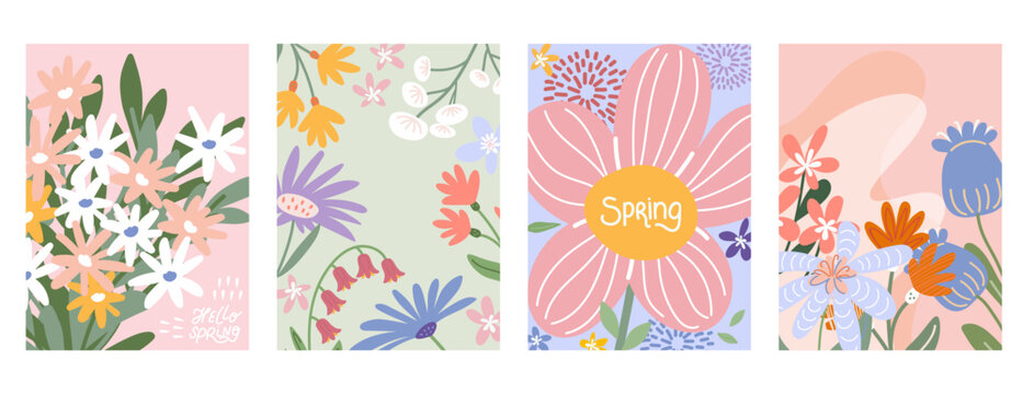 Spring card collection with colorful flowers and bouquets. Hand drawn vector posters in pastel colors. Perfect for seasonal greetings, holiday invites and floral decor