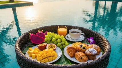 HDR ultra-clear image of a floating breakfast tray with tropical fruits, pastries, and coffee, surrounded by turquoise water, soft golden morning light, natural reflections, clean high-detail textures