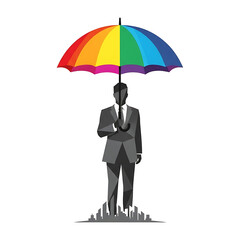 Businessman protected under colorful rainbow umbrella in city