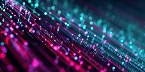 Streaks of glowing light particles move across a dark background.