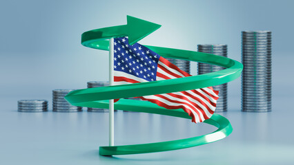 Concept United States Economic and Financial System, with the American flag surrounded by an upward-pointing green arrow