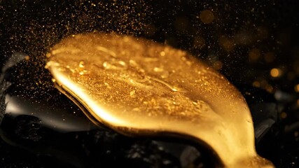 Molten gold liquid flowing over black stones with golden glitter, luxury abstract metallic texture, macro shot of liquid gold pouring background. - Powered by Adobe