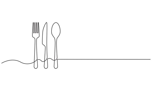 Spoon, fork and knife continuous one line drawing minimalist style animation video, Spoon, fork and knife continuous one line drawing minimalist style animation video