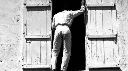 Monochrome image of a person climbing through a window with weathered shutters