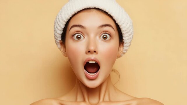 Woman with wet hair, surprised expression. Bathroom setting implied by water on her face.