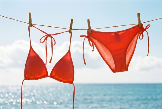 Red bikinis hanging on a clothesline against a serene ocean backdrop with a clear blue sky