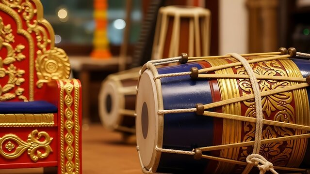 Ornate blue and gold traditional dholak drum resting next to a decorative red ceremonial throne in a festive setting.