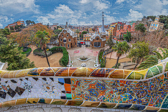 View over the city from the Park G&uuml;ell on Carmel Hill, architect Antoni Gaudi. Built 1900-1914, opened in 1926. UNESCO World Heritage Site, Barcelona, Catalonia, Spain
