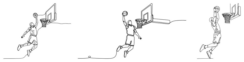 Continuous line drawing of basketball player performing a slam dunk in different poses © Alicja