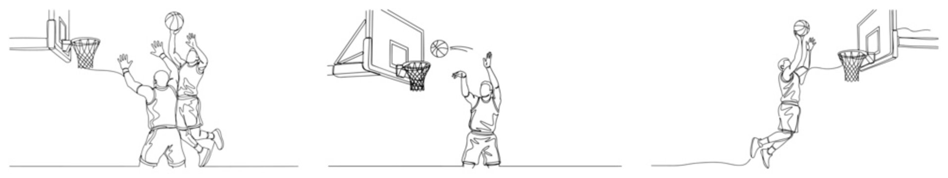 Continuous line drawing set of basketball players shooting and dunking near the hoop