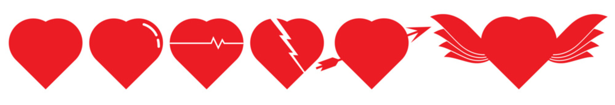 Red heart vector icons set. Heartbeat icon, broken heart, cardiogram heart icon, wing heart, A various Romantic valentine heart symbol set for app, banner, poster and card design.