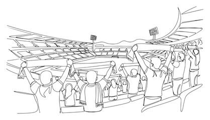 Obraz premium Continuous line drawing of football fans holding scarves and cheering inside a stadium