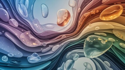 Vibrant abstract composition of flowing iridescent waves and glossy liquid droplets in a spectrum of colors.