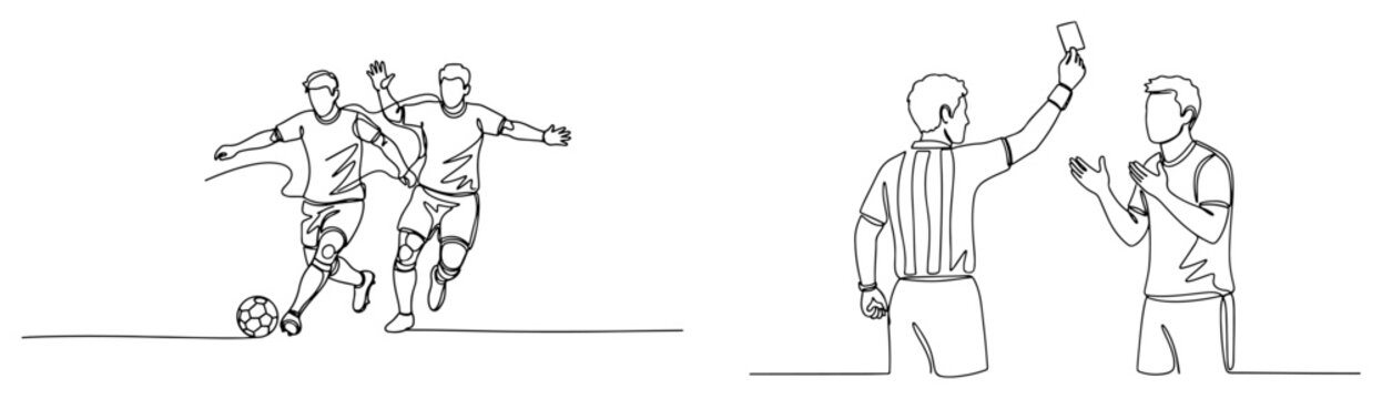 Continuous line drawing set showing soccer players running and referee showing a card