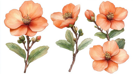 Delicate Orange Blossom Illustrations with Green Leaves and Buds