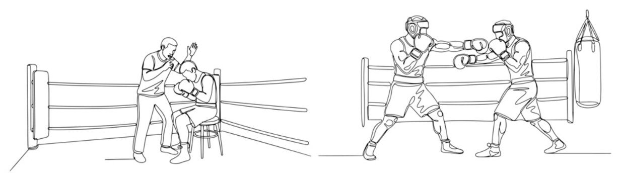 Continuous line drawing of boxers fighting in ring and coach instructing fighter in corner