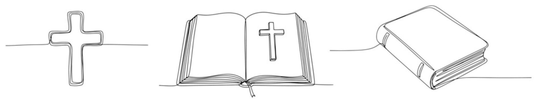 Continuous line drawing set featuring christian cross and open and closed holy bible books