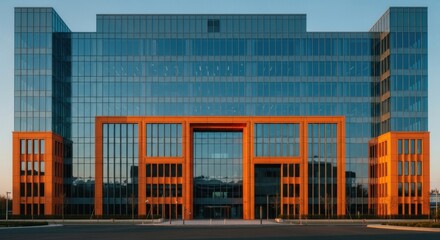 Striking Modern Office Building Facade Features Blue Glass and Orange Geometric Framing at Sunset, Representing Corporate Success and Expansion.