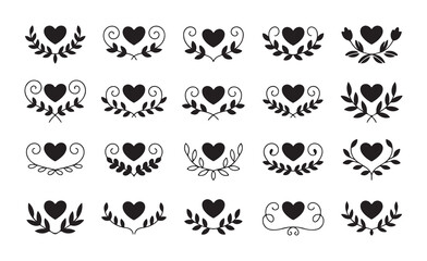 Decorative heart dividers with leaves and swirls for romantic page ornamentation and wedding invitation typography