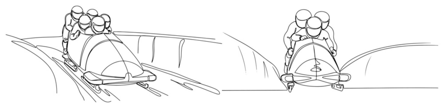 Continuous line drawing set of a bobsleigh team racing down the ice track