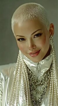 Mulher Com Roupa Futurista E Brincos De Perolas Unindo Tecnologia Elegancia E Estilo Moderno