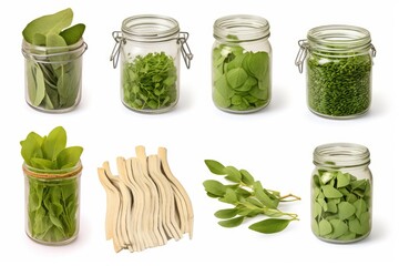 Moringa leaves, seeds, and stem pieces prepared for use on a white background